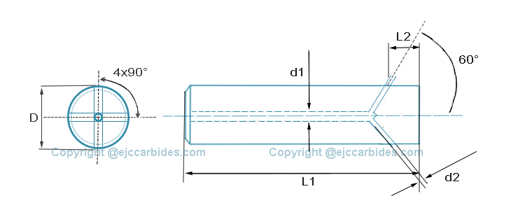Y Exist coolant channel carbide rods: 1 central coolant channel with 2, 3, 4 lateral exits, as sintered 