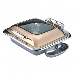 6.5 Qt. Stainless Steel Square Induction Chafer with Hinged Glass Dome Cover