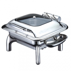 6.5 Qt. Stainless Steel Square Induction Chafer with Hinged Glass Dome Cover