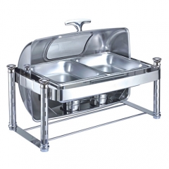 8 Qt. Rectangular Mirror Finish Stainless Steel Roll Top Chafer With Glass Top(New)