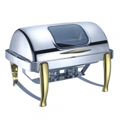 8 Qt. Rectangular Mirror Finish Gold Stainless Steel Roll Top Chafer With Glass Top(New)
