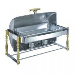 8 Qt. Rectangular Mirror Finish Gold Stainless Steel Roll Top Chafer(New)