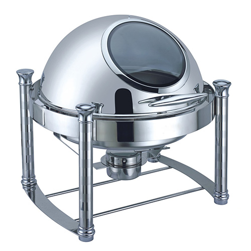 6.5 Qt. Round Mirror Finish Stainless Steel Roll Top Chafer With Glass Top(New)