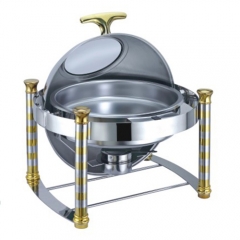 6.5 Qt. Round Mirror Finish Gold Stainless Steel Roll Top Chafer With Glass Top (New)