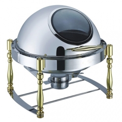 6.5 Qt. Round Mirror Finish Gold Stainless Steel Roll Top Chafer With Glass Top (New)