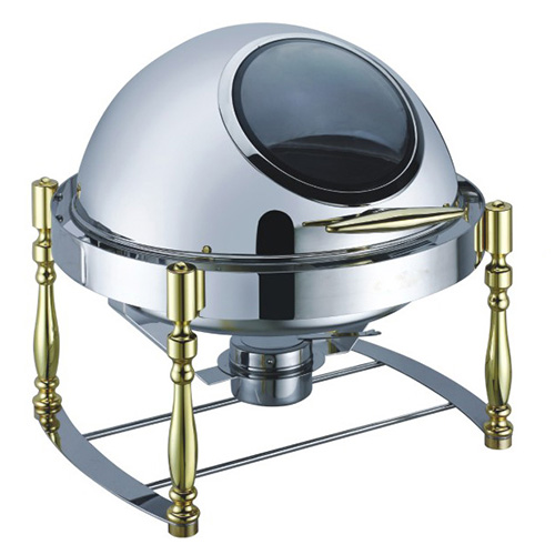 6.5 Qt. Round Mirror Finish Gold Stainless Steel Roll Top Chafer With Glass Top (New)