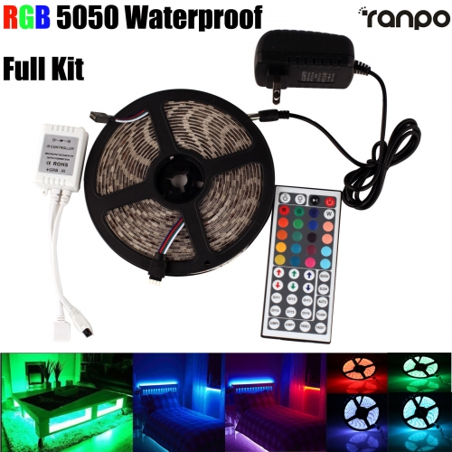 Ranpo Waterproof LED Strip Light 5M RGB 5050 300 SMD 44 Key Remote 12V Power Full Kit