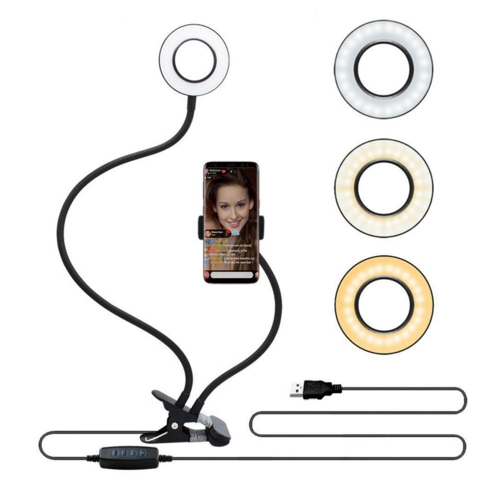 柔軟な調光可能なダブルアーム写真LEDセルフィーリングライトクランプスタンドと調整可能なグースネック携帯電話ホルダー