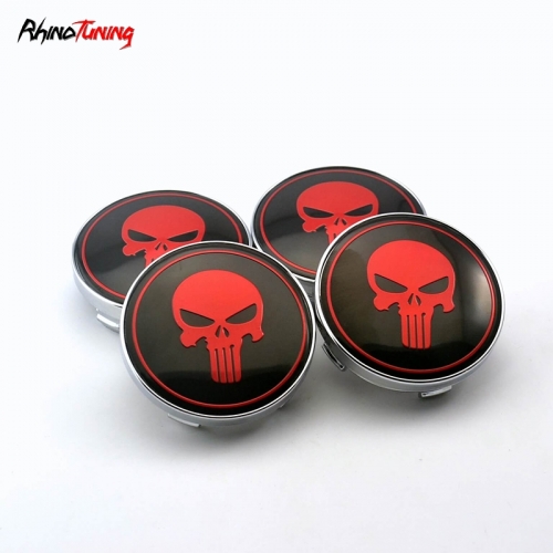 4pcs Punisher Skull 61mm 2 3/8in Wheel Center Caps #PTR56-18130-AA Red Logo Silver