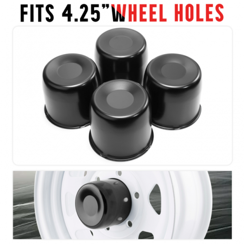 4 Black Push Through Center Caps For Truck, Trailer & Auto Rims - 4.25” Steel