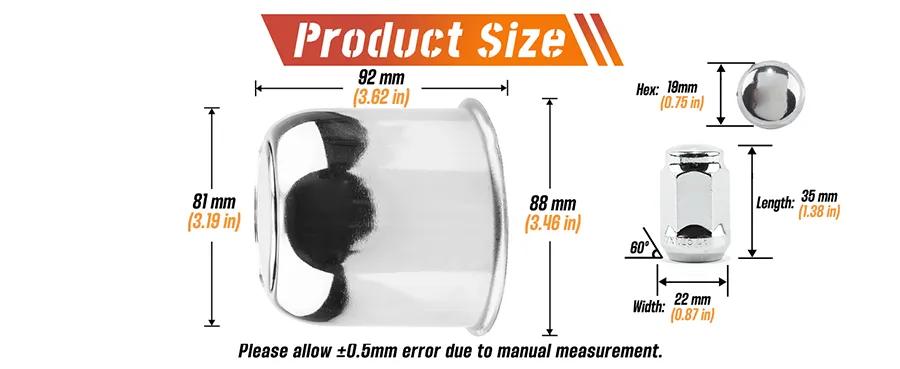 3.19 Trailer Center Caps 3.19" Bore 3.62" Tall Hub Cap and M12x1.25 Lug Nuts Sets - 20274401 1 3.19 Trailer Center Caps