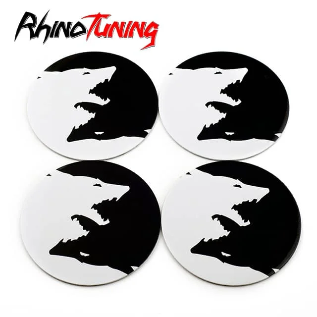 Wheel Center Cap Aluminum Stickers with Black and White Wolves for Decoration Rim 61mm 4pc