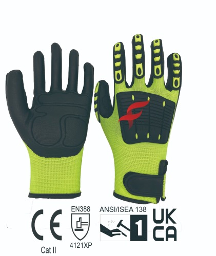 13 gauge polyester with nitrile foam +anti shock pad+PVC rubber+ reinforced crotch+ Velcro cuff