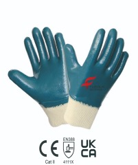 Cotton jersey liner with blue nitrile smooth fully coating,knit wrist