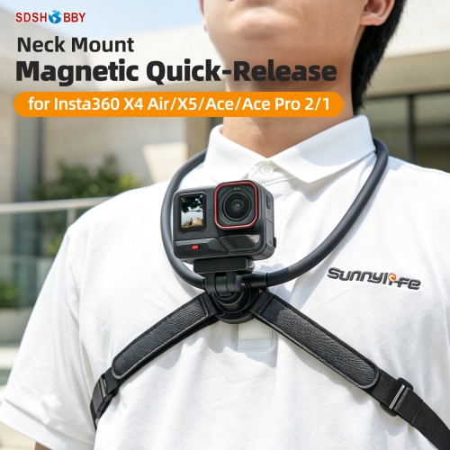 Sunnylife Magnetic POV Neck Mount Hand Free Video Vlog Neck Adjustable Selfie Holder with Body Strap for Insta360 X4 Air/X5/Ace/Ace Pro 2/1