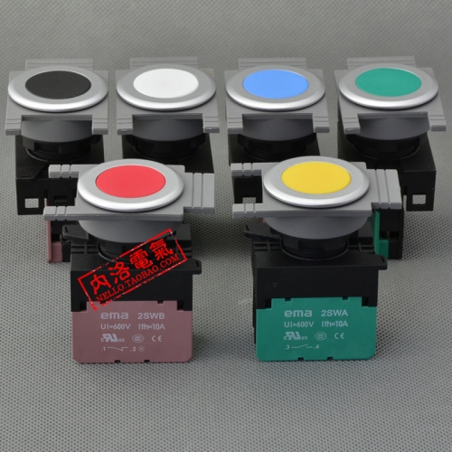 EMA 30mm button switch self reset, E3P1* red, yellow green, blue, white, black, 1NO/1NC without light