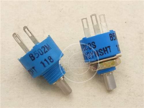 The TOCOS Q10YNSHT B502M 5K potentiometer has a long shank and 9MMH hole blue feet