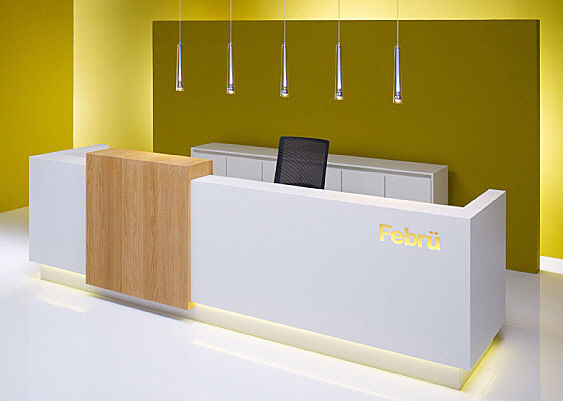 Hotel white solid surface and wood information reception desk with customized logo 