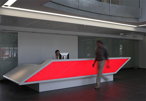 Red and white information service reception counter 