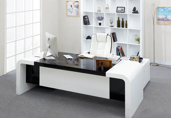 High gloss white and black acrylic solid surface director desk