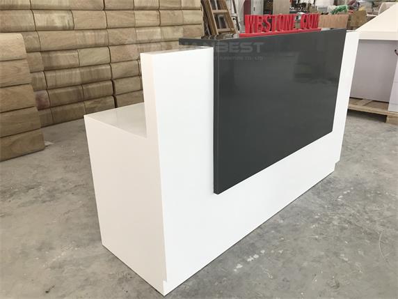 L shape white black solid surface luxury reception desk