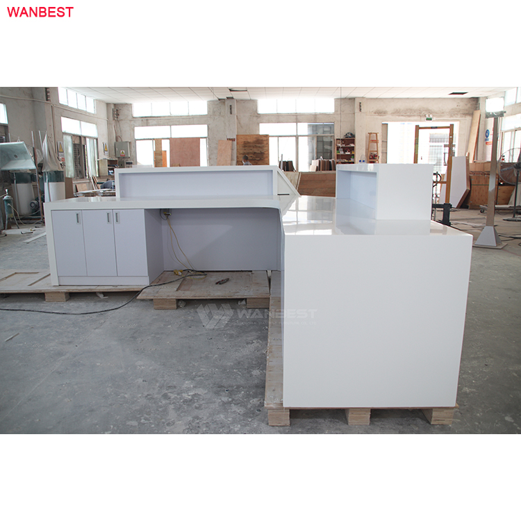 China white counter L shape artificial marble stone company furniture reception desk 