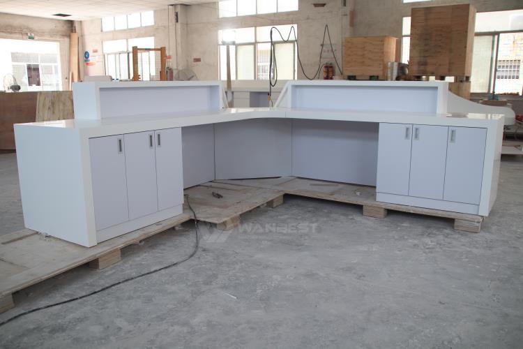 China white counter L shape artificial marble stone company furniture reception desk 