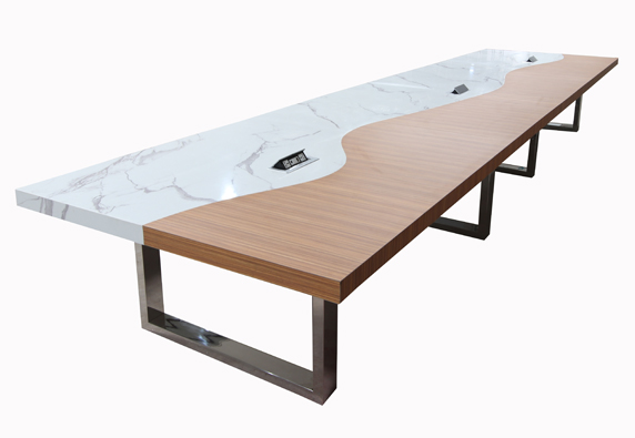 large quartz conference table combine wood veneer wave shape design