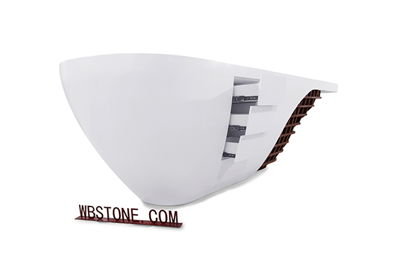 white boat shape low reception display counter working desk