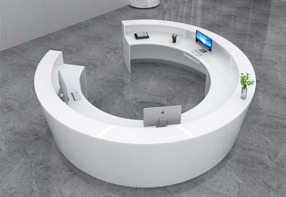 White corian semi circle round shape front reception desk