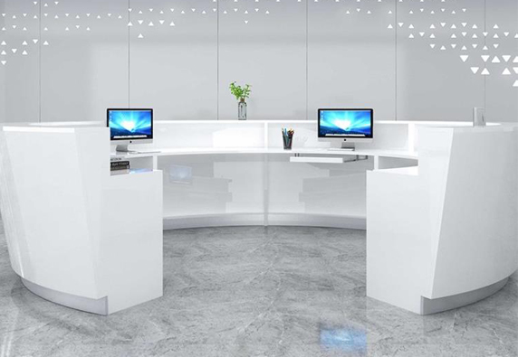White corian semi circle round shape front reception desk