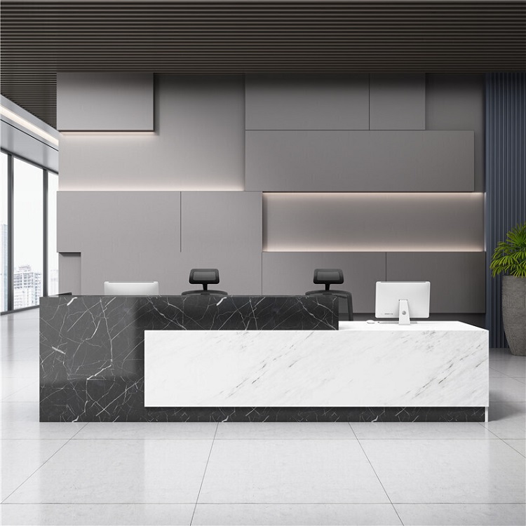 black white reception desk