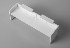 l shaped two person white custom front reception desk