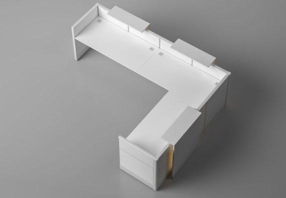 l shaped two person white custom front reception desk