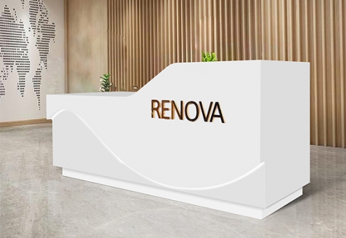 salon reception desk white corian marble custom logo