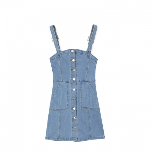 Single-breasted retro denim suspender skirt