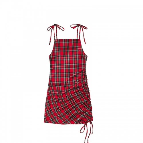 Plaid personalized drawstring suspender skirt