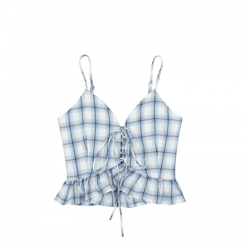 Blue and white plaid V-neck strap with ruffled sling