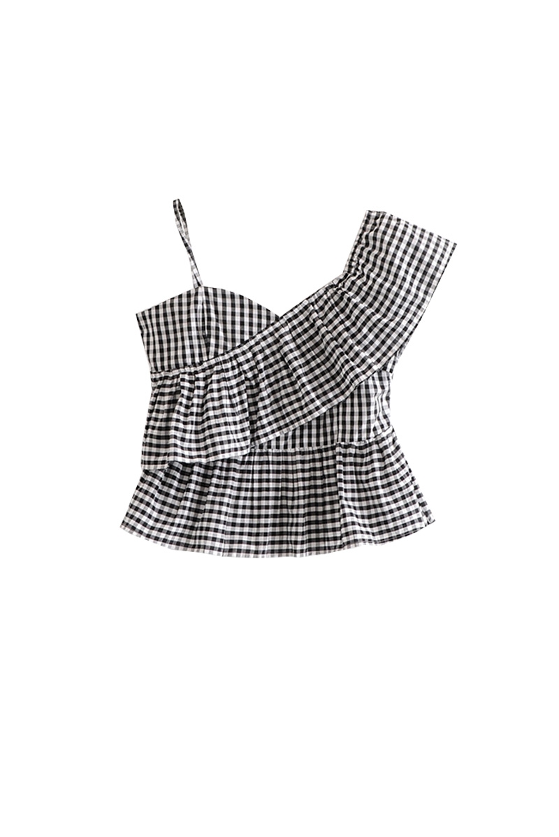 Black and white plaid irregular ruffled V-neck sling