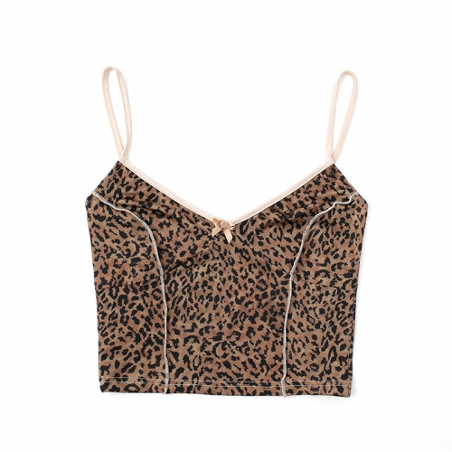 Leopard print V-neck bow slim slim short camisole