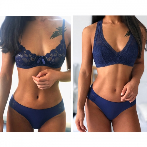 Blue ultra-thin floral lace with steel ring sexy and comfortable deep V no sponge female bralette bra set