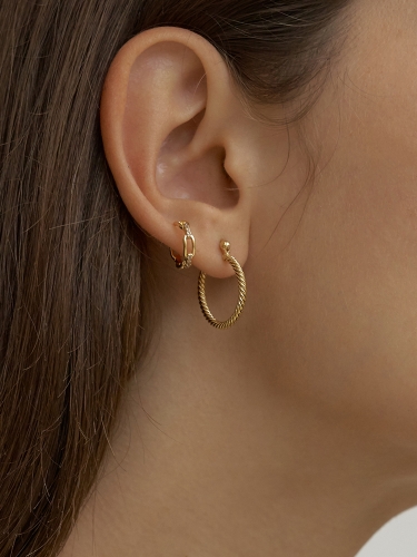 925 silver button pattern earrings / small chain ear clips