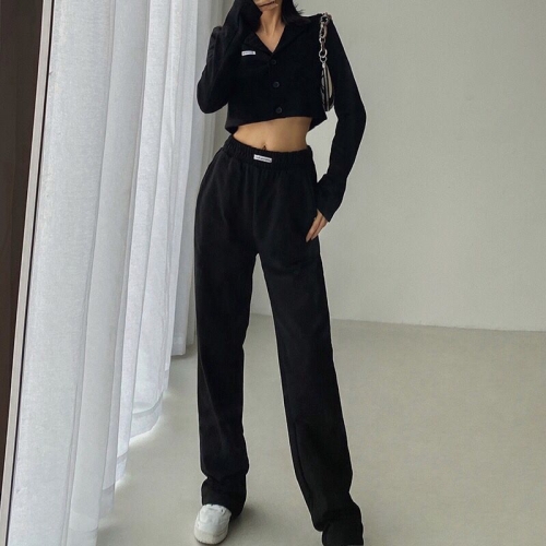 European and American suit collar high waist ultra short sweater + elastic high waist wide leg mopping trousers suit
