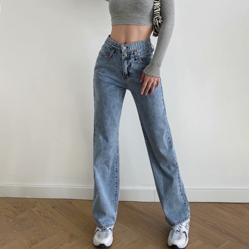 Hollow sexy double high-rise wide-leg jeans
