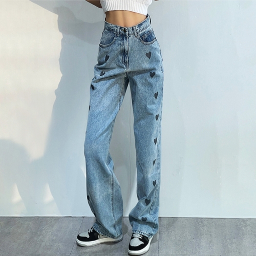 Loose print loose straight-leg jeans