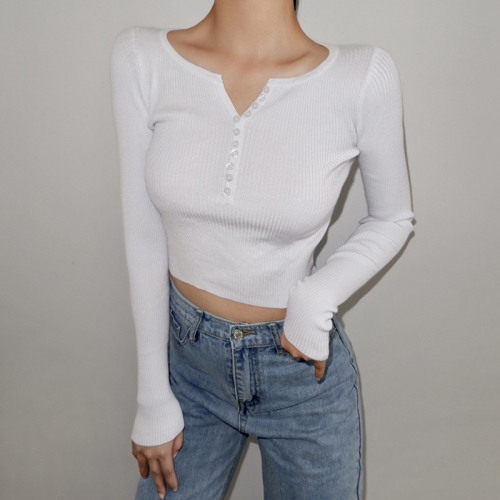 Small V-neck multi-button tight short knit sweater