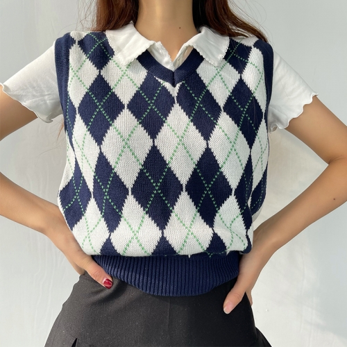 Vintage pullover V-neck diamond knit vest vest