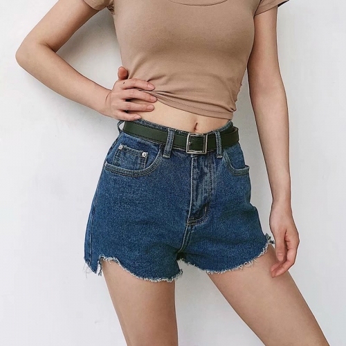 Raw-edge slit denim shorts