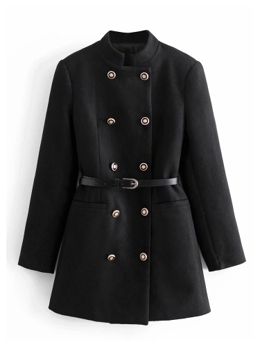 Stand-up collar navy wind double-breasted temperament belt waist sweater coat