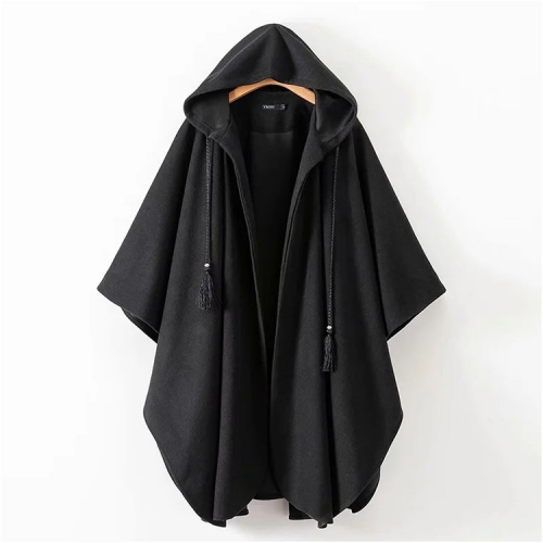 Long-sleeved cardigan solid color woolen hooded cloak coat